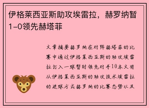 伊格莱西亚斯助攻埃雷拉，赫罗纳暂1-0领先赫塔菲